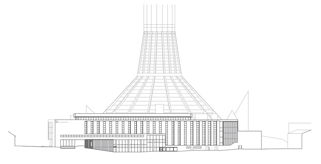 Im Hintergrund der Art and Design Academy ragt die erst 1967 fertiggestellte Liverpool Metropolitan Cathedral gen Himmel.