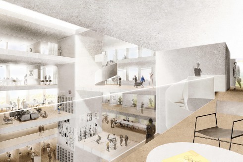 <strong>2. Preis</strong> JSWD Architekten konzentrieren das Medienzentrum in einem kubischen Volumen, das ein Atrium mit Licht durchflutet<br />