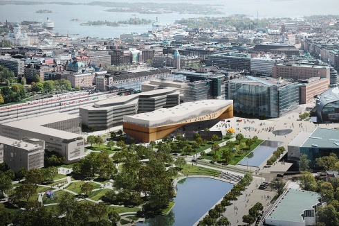 Luftbild des neuen Kulturzentrums von Helsinki: in der Mitte die im Bau befindliche Zentralbibliothek, rechts das Kunstmuseum Kiasma (1998) von Steven Holl, darunter das Haus der Musik (2011) von LPR Ar­chi­tects<br />