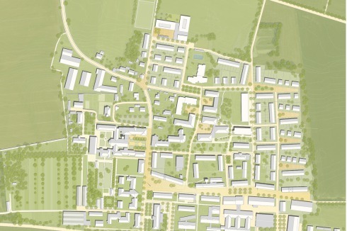 <strong>1. Preis</strong> Ein langgestreckter Dorfanger bildet das welt­liche Pendant zum geist­lichen Zentrum um Kirche und Kloster. Die Wohnhöfe im Osten sind mit der Landschaft ver­zahnt.­<br />