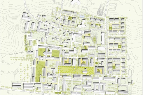 <strong>2.Preis</strong> Zwischenräume Architekten und Stadtplaner schlagen einen klar gefassten Anger in der Dorfmitte vor. Als Schonraum ohne Verkehr soll er vielerlei Freizeitaktivitäten ermöglichen. Das amöbenförmige Gebäude im Norden ist eine bestehende Planung der neuen Schule.<br />