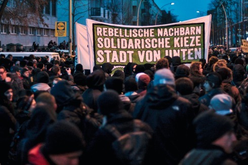 Demonstration für „soli­darische Räume in der Nachbarschaft“ im Februar in Berlin-Friedrichshain<span class="OffWhite"></span><br />