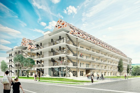 Die Riegel der Architekten Wimmer und Partner haben ein gemustertes Satteldach<br />