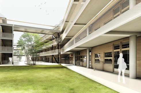 Das Architekturbüro ARTEC entwarf die westlichen beiden Riegel mit dem nach Norden angehängten Bau mit einer großen Spielterrasse.<br />
