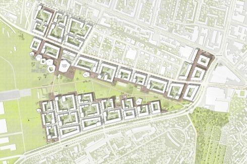 <strong><span class="Bold">Anerkennung </span></strong>Cityförster formulieren einen Freiraum in Verlängerung der Tegeler Stadtheide und teilen so das Quartier in zwei Teile. Die Baufelder sind zwischen 55/70 und 90/120 Meter groß, die Struktur besteht aus ein- bis zweifach geöffneten Blöcken. Geschosswohnungen, Townhäuser und gestapelte Reihen­häuser sind angedacht. <br />