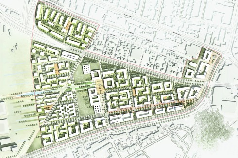 <strong><span class="Bold">2. Rundgang</span></strong> Das Büro Albert Wimmer aus Wien<span class="OffWhite"> bietet eine differenzierte Struktur aus offenen und geschlossenen Blöcken mit Gemeinschafts- und Privatgärten und einem zeilenartigen Übergang zur Tegeler Stadtheide. Die Baufeldgrößen variieren zwischen 40/70 und 100/140 Metern. Schulen sind im zentralen Freiraum eingelagert.</span><br />