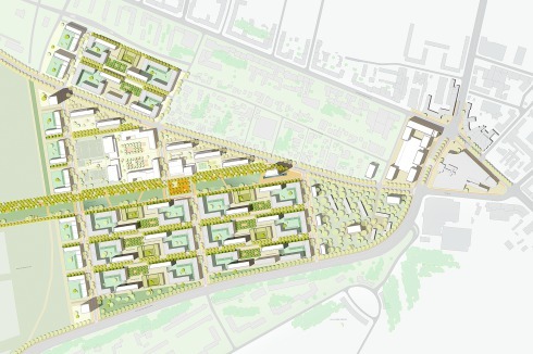 <strong><span class="Bold">2. Rundgang</span></strong> Das Berliner Büro meyer große hebestreit sommerer ordnet die Felder durch überwiegend Ost-West-geführte Kombinationen aus L-Baukörpern und Zeilen mit Geschosswohnungen und gestapelten Reihenhäusern. Die verlängerte nördliche TXL-Startbahn bildet eine Freiraumachse.<br />