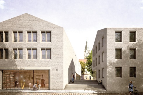 Ein schmaler Freiraum zwischen den beiden Neubauten erlaubt die Anlage einer Treppe vom Dom­platz hin­ab zur Heiersstraße<br />