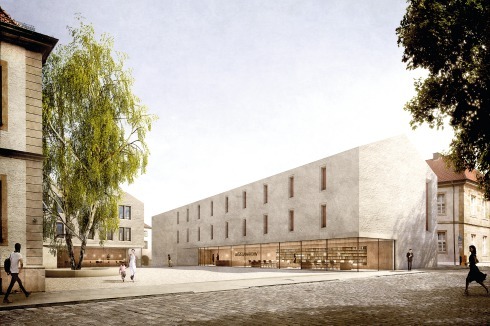 <span class="Bold"><strong>1. Preis</strong></span> Zentrum des Entwurfs von Staab Archi­tekten ist ein halböffentlicher Platz vor dem Archivbau der Diözese, der sich zum Domplatz öffnet<br />