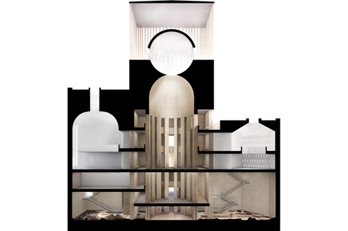  Schnitt durch die Halle mit „Stadtloggia“, der Syna­goge (rechts), der Moschee; tief unten die Ausgrabungen<br />
