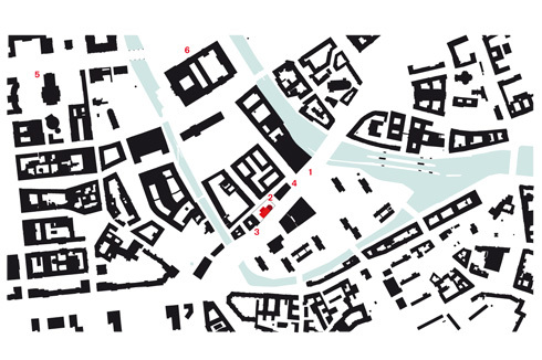 1 Gertraudenstraße, 2 Petriplatz, 3 Archäologisches Zentrum (in Planung), 4 Neubau Hotel, 5 Staatsoper, 6 Humboldt-Forum (Schloss)<br />