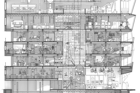 YMBA-Microfac­tory verbindet neue und alte Produktion vertikal miteinander. Idee einer Fabrik in der Bowery Straße, New York<br />