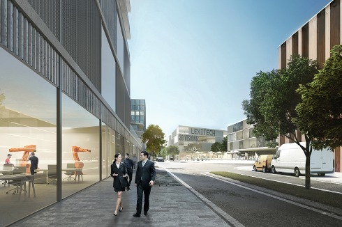 ... auf der Vorderseite öffnen sich die Gebäude zu einem „Gewerbeboulevard“.<br />