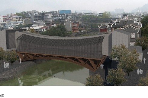 Der Künstler Huang Yongyu initiierte die Jishou Art Museum Bridge (2014-2018) in Jishou in der Provinz Hunan. Das Atelier Feichang Jianzhu (Yung Ho Chang) aus Beijing definierte einen Standort und schlug eine Fußgängerbrücke über den Fluss innerhalb des traditionellen Stadtgefüges vor.<br />