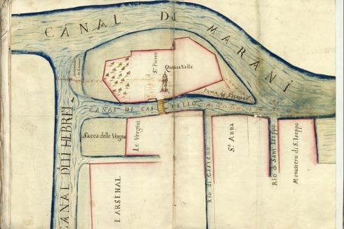 Il canale degli ebrei, Domenico Margutti (1688) - das jüdische Ghetto Castello wird durch drei Kanäle begrenzt.<br />