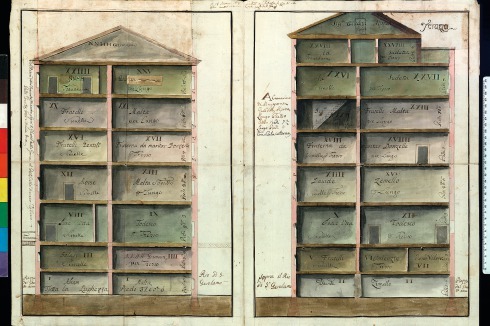 Giorgio Fossati, Schnitt durch ein Wohnhaus im Ghetto, 1778, Tusche und Aquarell auf Papier (Ausschnitt)<br />