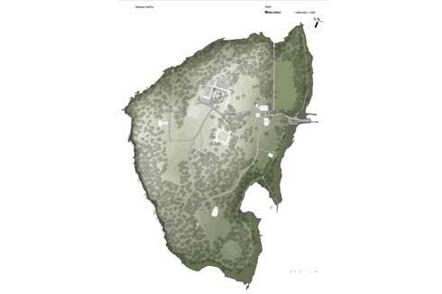Lageplan der Insel Utøya, 30 Kilometer nordöstlich von Oslo im Tyrifjord gelegen, mit Neubauten (grau) und Bestandsbauten (weiß).<br />