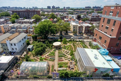 Edible Schoolyard at P.S.216: Das neue Gebäude von WORKac im essbaren Schulhof besteht aus: Ge­wächshaus, einer „Systemwand“ mit Regenwasser­zisterne, Geräteschuppen, WC und der Stromversorgung ...<br />
