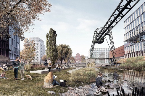Mit dem „Kranpark“ und einer Schwimmmöglichkeit im Hafenbecken sind im Zen­trum des Geländes weitere Freizeitflächen geplant.<br />