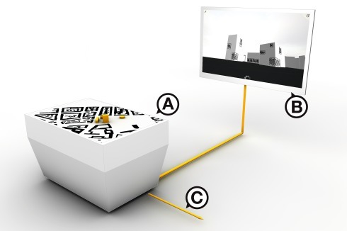 Auf dem Multitouchtisch treffen physisches und digitales Modell aufeinander.<br />