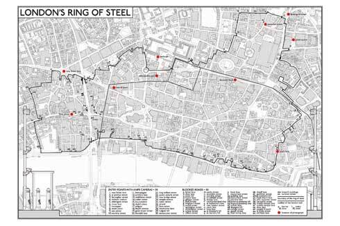 Der „Ring aus Stahl“ 2015: 50 gesperrte Straßen, 30 Zugänge mit Kameras zur automatischen Nummernschild-Erkennung (ANPR)<span class="OffWhite"></span><br />