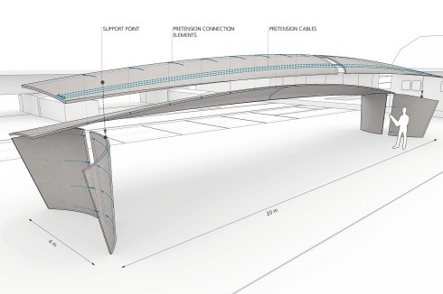 Prototyp für ein 20 Meter weit gespanntes Scha­lendach, das sich aus vier großformatigen, hoch­-präzis gefertigten Betonfertigteilen zusammensetzt<span class="OffWhite"></span>.<br />