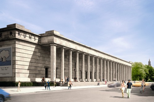 Das Haus der Kunst an der Prinzregentenstraße. Entwurf Chipperfield mit abgeholzter Baumreihe und wieder hergestellter Freitreppe.<br />