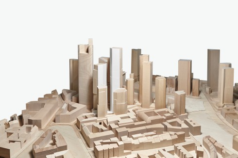 Wettbewerbsentwurf Deutsche-Bank-Areal in der Frankfurter Innenstadt (Bauwelt 7.2017): Zwei Wohnhochhäuser und zwei Bürotürme bilden einen Platz.<br />