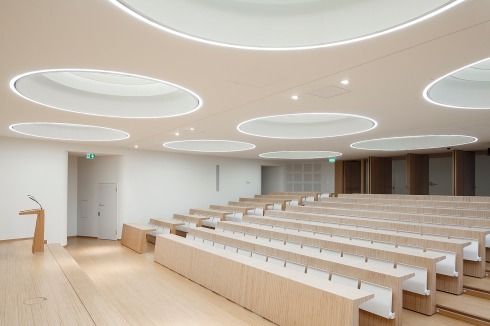 Der Hörsaal mit 300 Plätzen hebt sich durch seine Gestaltung mit Holz ab.<br />