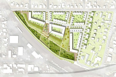 1. Preis: Octagon Architekturkollektiv und Rudolph Langner – STATION C23. Die Leipziger Büros schaffen eine trichterförmig Verbindung zwischen dem Wohngebiet ...