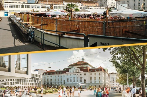 Vorher-Nachher-Bilder sollen den allseitigen Gewinn der Umgestaltung sichtbar machen; Schnittzeichnungen die Einfügung der Neubebauung in die Höhen­entwicklung der Wiener Innenstadt verdeutlichen.<br />