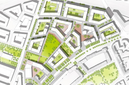 Das Team legt ihm Zentrum eine fast keilförmige Grünfläche an, die zum verwinkelten Quartiersplatz überleitet.<br />