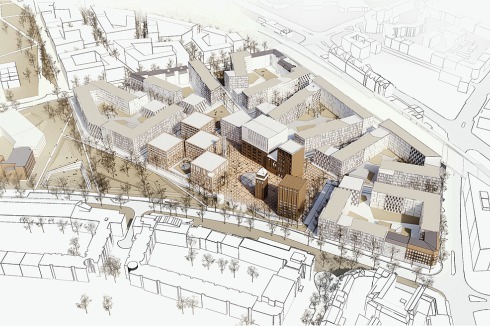5. Preis: Der Entwurf von Henning Larsen Architects zusammen mit Man Made Land aus Berlin sticht heraus: Das Quartierszentrum wird von Punkthäusern bestimmt.<br />