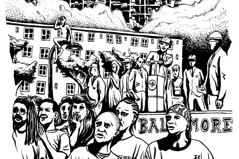 Collage der Abrissszene aus der US-Serie The Wire. Im Vordergrund: die Hauptfiguren Bodie und Poot<br />