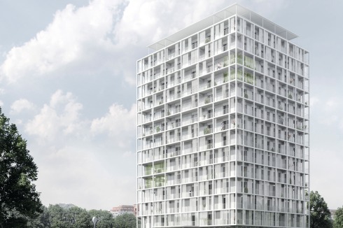 Raumhohe Fensteröffnungen, Balkonbrüstungen und Lärm- und Windschutzpanele strukturieren die Fassade.<br />