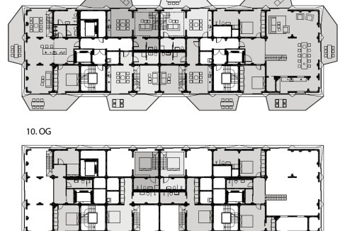Grundrisse des 9. und 10. Obergeschosses. Mehr in der <a href="/themen/bauten/Umbau-Silo-Kopenhagen-Cobe-2901192.html" target="_blank" >StadtBauwelt 19.2017</a>.<br />