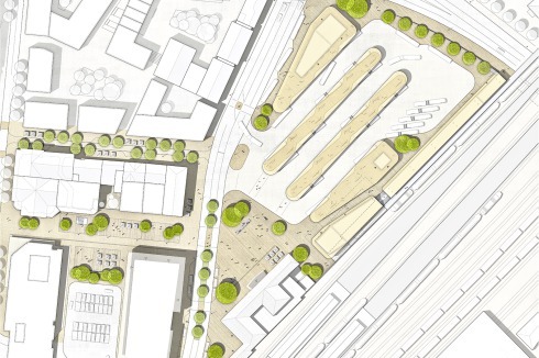 <strong>2. Preis</strong> Im Entwurf von Franz Reschke mit der Freien Planungsgruppe Berlin dominiert der Straßenraum: Fahrradparkhaus, Mobilitätszentrum und Dächer wirken wie Inseln.<br />