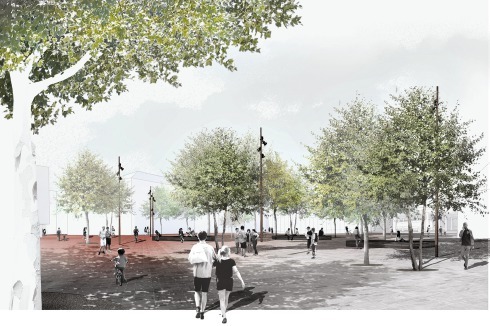 Bodenbelag aus changierendem Klinker leitet vom Bahnhof ins Stadtzen­trum.<br />