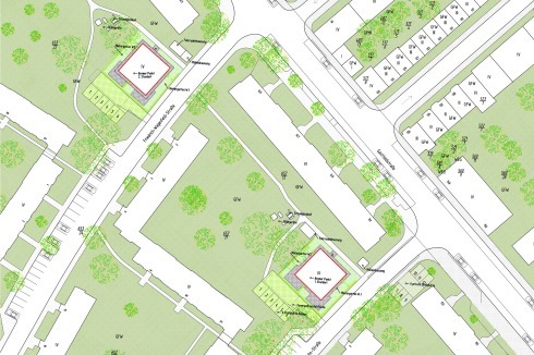 Die Bremer Siedlung Gartenstadt Süd, im Bild ergänzt um mehrere von LIN Architektur entworfene Wohnwürfel.<br />