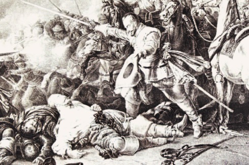 <span class="Bold">Die Lithografie von Julius Giere zeigt den Tod des Schwedenkönigs Gustav II. Adolf.</span><br />