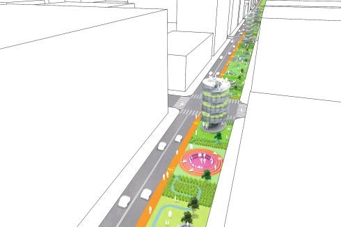 Die Straße der Zukunft, nicht nur in China? Öko-Boulevards mit Grünflächen, Radwegen, Wasserläufen und turmartigen Bauwerken, in denen Wasser gereinigt wird.<br />