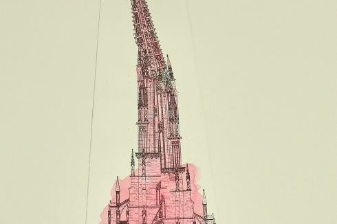 Stefan Wewerka, Münster zu Freiburg i. B., aus der Serie „Kathedralen“, 1974–76/ 1986, Radierung, aquarelliert<br />