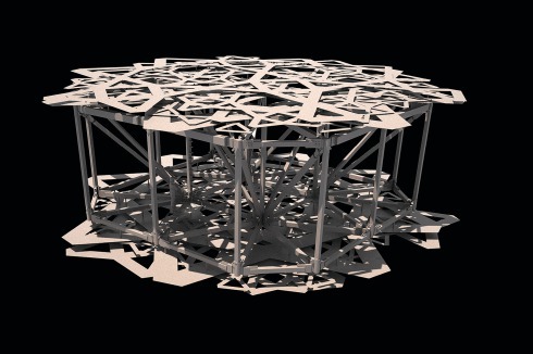Detail des 6 m hohen Dach­aufbaus mit dem Tragwerk.<br />