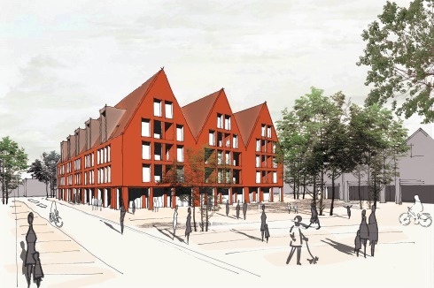 Der Bau verkleinert den Markt leicht und bildet mit drei großen Giebeln den Abschluss zum Platz. Über Arkaden soll sich das Erdgeschoss zum Platz hin öffnen. <br />