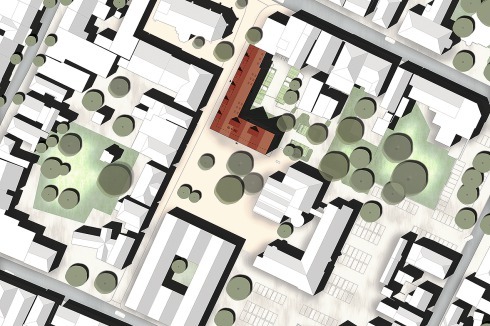 Die Hannoveraner Architekten Ahrens &amp; Grabenhorst haben im Realisierungswettbewerb Kirchenstraße 1–3 eine L-förmige Bebauung entlang der Kirchenstraße vorgeschlagen.<br />