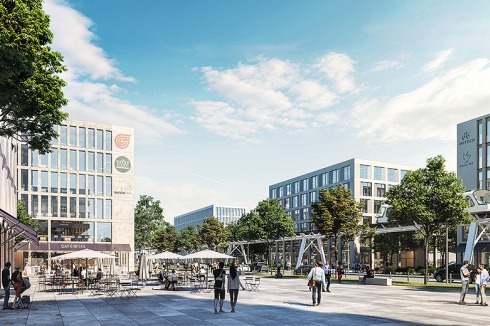 Die Airport City mit Gebäudeblocks unterschiedlicher Nutzung wird die Zufahrt zum Flughafen BER be­gleiten. Geplant ist auch ein Personentransportsystem.<br />