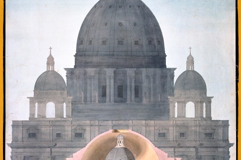 <span class="Bold">Vergleichende Darstellung von Petersdom, Pantheon, Radcliffe-Bibliothek in Oxford und Soanes Rotunde in der Bank of England, London</span>; Zeichnung: Charles Tyrell, Oktober 1814<br />