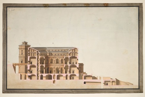 Schnitt durch die Villa Farnese in Caprarola, Italien; Zeichnung: Robert Chantrell, September 1811 <br />