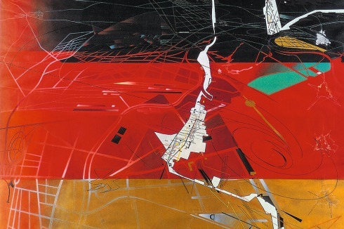 Zaha Hadid, The Dead Zone Berlin, Leerstreifen als Interpretationsraum von Stadt, Acryl auf Leinwand, 1991.<br />