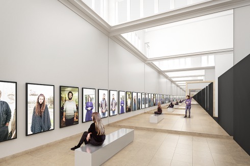 Das Rendering zeigt den zweiten Ausstellungsteil: Auf der „Wall of Opinions“ werden Interviews vor den heutigen Mauern dieser Welt gezeigt.<br />
